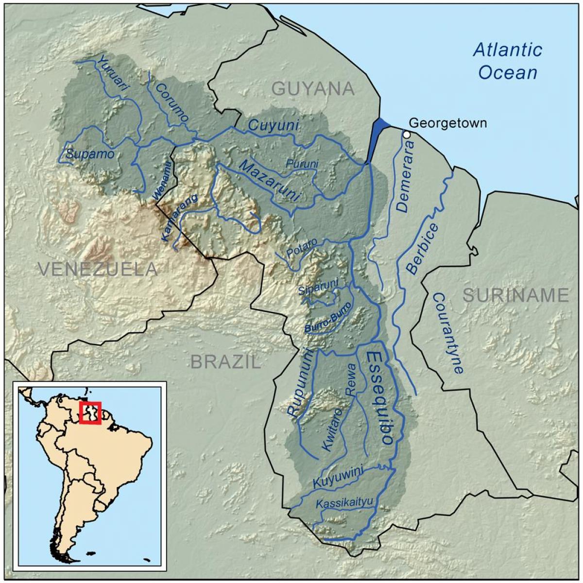 mapa Gvajani pokazuje tri glavna reke