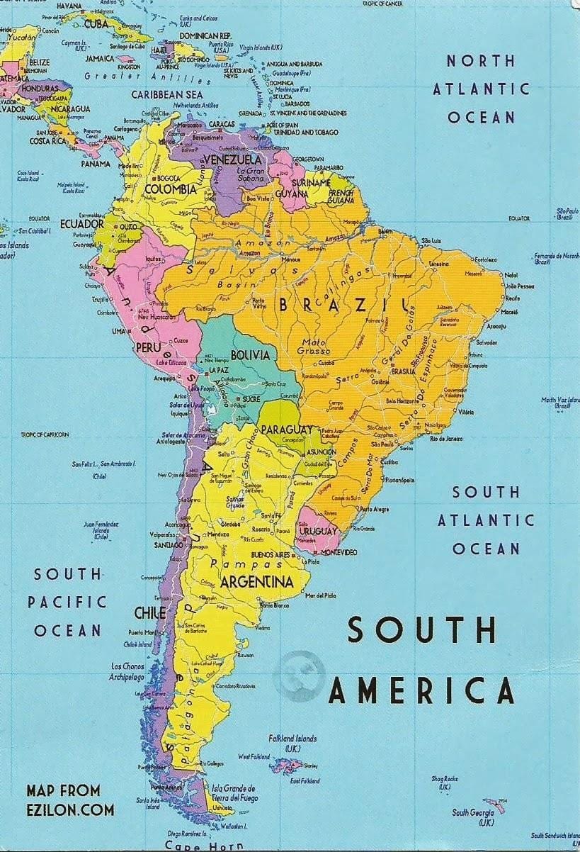 mapa Gvajani južnoj americi. 