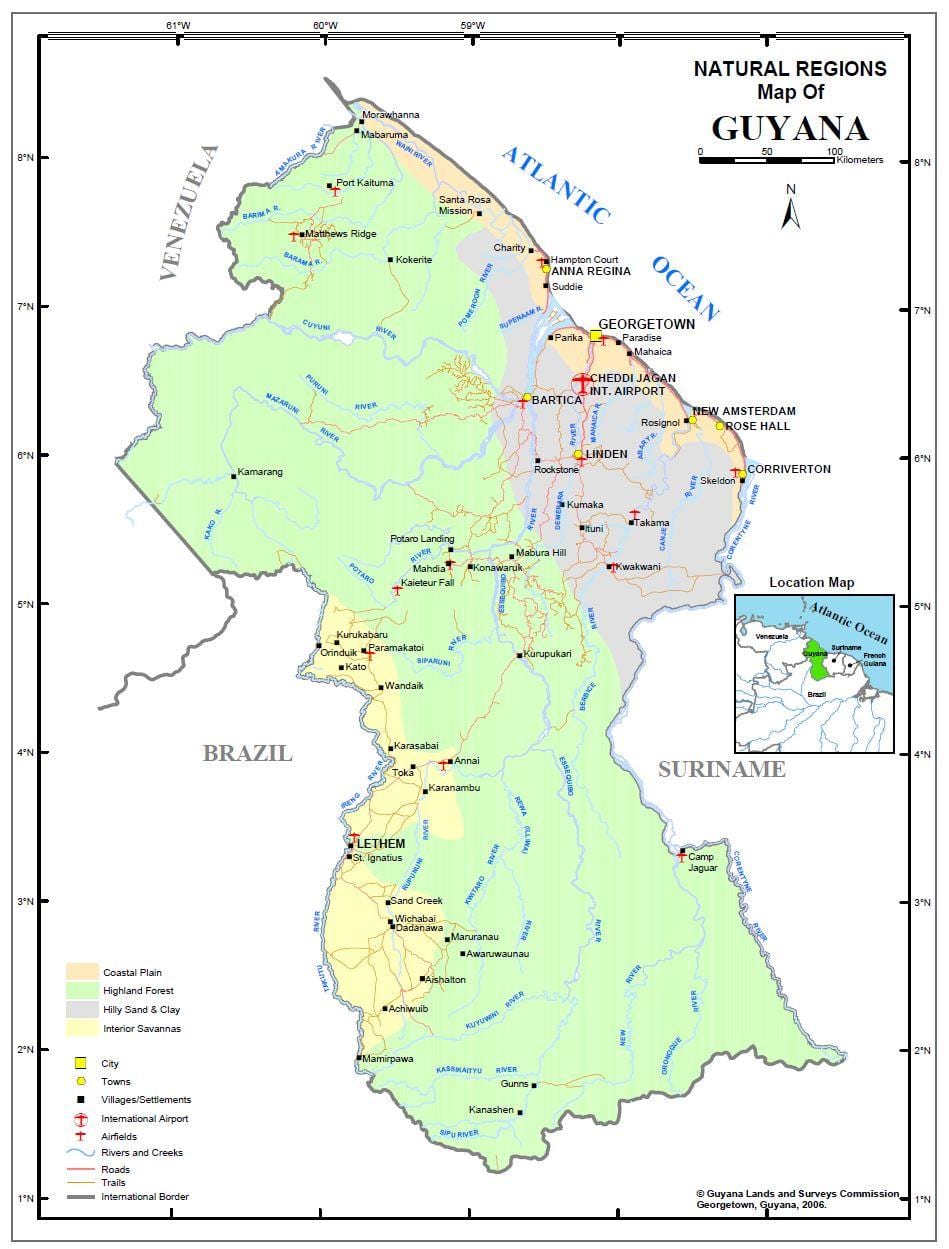 mapa Gvajani pokazuje 4 prirodni regionima