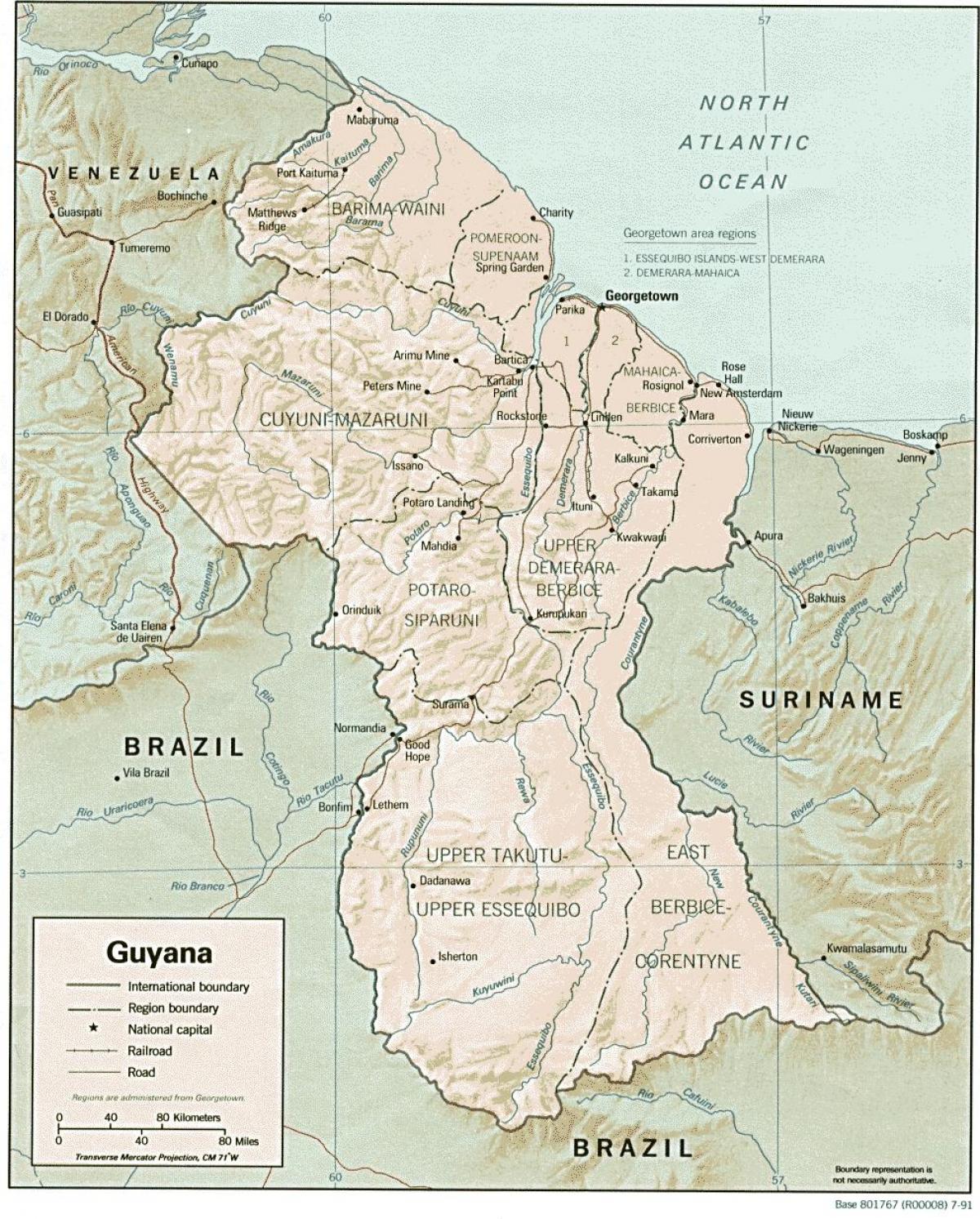 mapa pokazuje amerindian naselja u Gvajani
