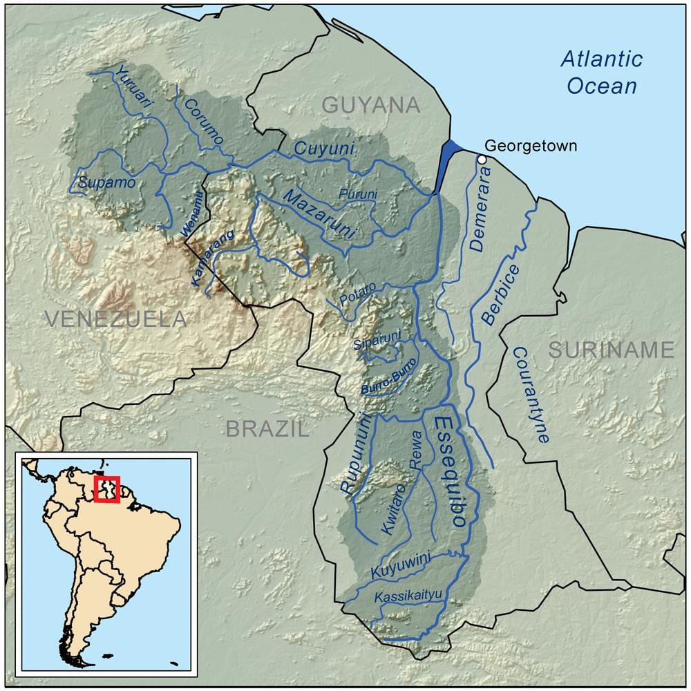 mapa Gvajani pokazuje reke